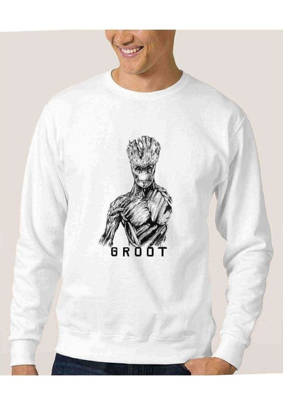 Big I Am Groot Baskılı Beyaz Erkek Örme Sweatshirt