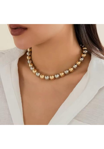 Premium Parlak Ve Şık İkili Tonlu Parlak Boncuk 316l Çelik Kadın Kolye 45cm Altın - Gümüş