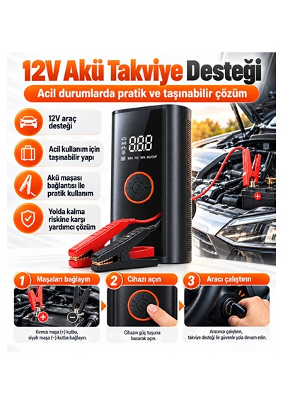 Akü Takviye Cihazı 12v Dijital Hava Kompresörü 16000 Mah Powerbank Otomatik Durdurma Led Sos Çok Amaçlı Şişirme Pompası