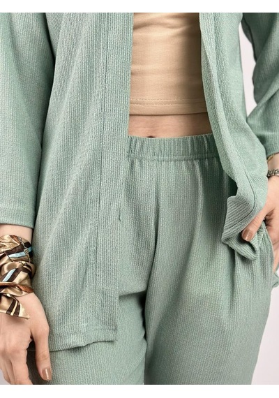 Kadın Pantolonlu Alt Üst İkili Kimono Takım Rahat Kalıp Mint Yeşili