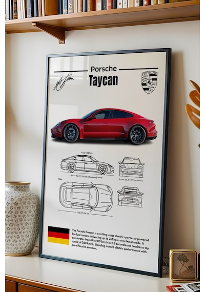 Porsche Taycan Tablo - Teknik Özellikli Elektrikli Spor Araba Poster - Çerçeveli Duvar Dekoru Siyah