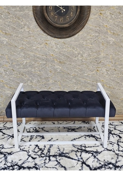 Zafir Beyaz Boyalı Metal 80 Cm Puf Bench - Antre Puf - Hol Bench - Puf - Oturak - Bench Füme