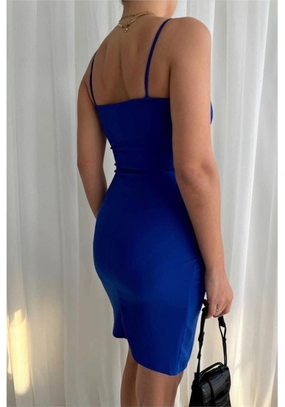 Lior Design Kadın Yeni Sezon V Yaka Yırtmaçlı Mini Askılı Abiye Elbise Saks