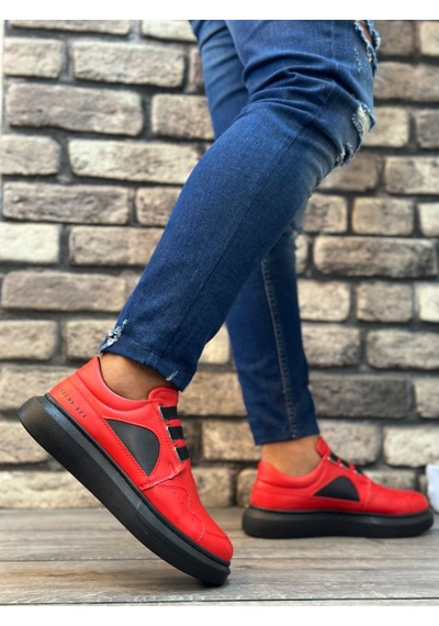 Ba0302 Boa Kalın Taban Bağcıksız Tarz Casual Kırmızı Siyah Erkek Ayakkabı Kırmızı
