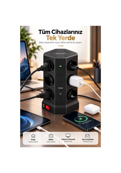 12 Li Priz Çoklu Akım Korumalı Uzatma Kulesi 3 Usb-a 2 Usb-c Pd20w 3680w 2 Metre 0 - 2 M