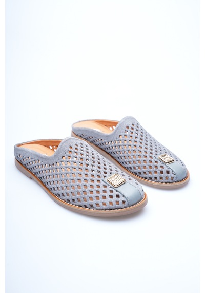 Analin Shoes Kadın Hakiki Deri Delikli Günlük Rahat Terlik Gri