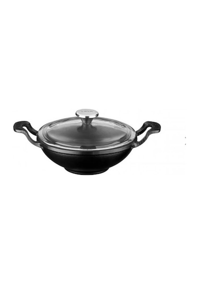 LAVA DÖKÜM WOK TAVA METAL KULPLU CAM KAPAKLI ÇAP(Ø)16CM. SİYAH