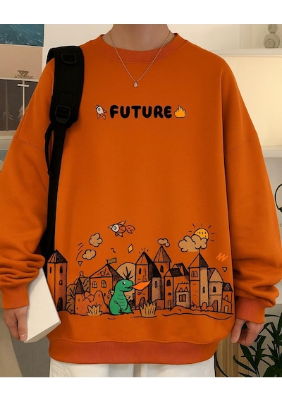Benroma 3 İplik Penye Future Baskılı Unisex Sweatshırt Turuncu
