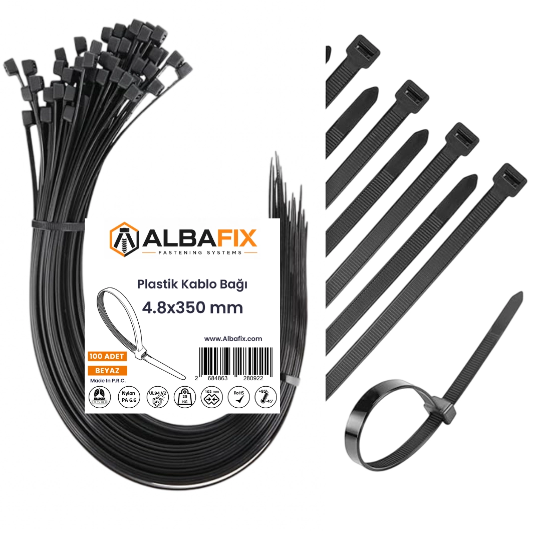 4.8x350 Mm Siyah Plastik Kablo Bağı Klipsi Cırt Kelepçe 100 Lü Paket 4.8 X 350mm - Siyah