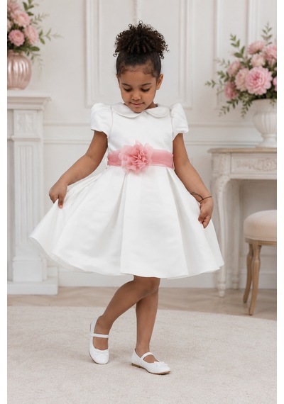 Babyhola Kız Çocuk Sade Beyaz Saten Abiye Elbise Balo Elbisesi 7152 Pembe