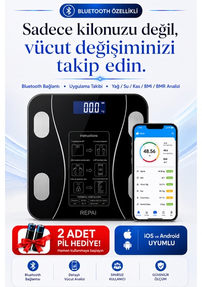 Proscale Bluetooth Akıllı Baskül Vücut Analizli Yağ Su Kas Bmı Bmr Ölçer Dijital Tartı
