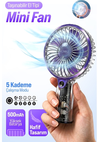 Auhma Aufn04 Taşınabilir Mini El Fanı Mor Şarjlı, Sessiz, 500mah Type-c Kablosuz Mini Fan