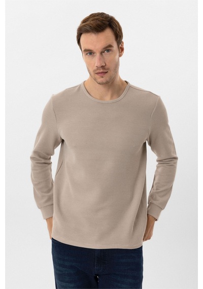 Süvari Bej Slim Fit Armürlü Bisiklet Yaka Triko Kazak Bej