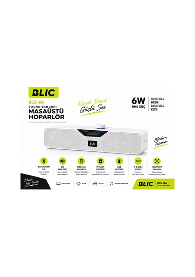 Blic Bls-86 Bluetooth 5.4 Mini Soundbar 6w Rms 1500mah Kablosuz Masaüstü Hoparlör Tf Kart Usb Destekli Beyaz-14814