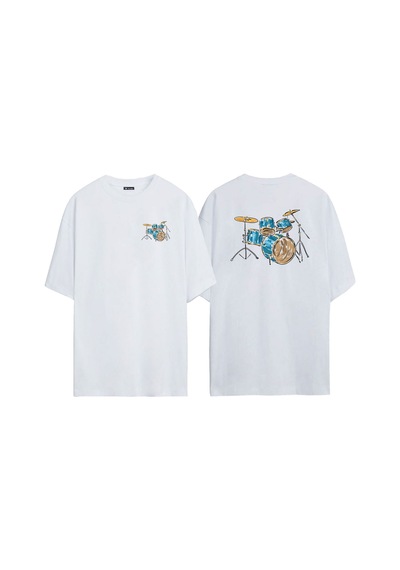 Thewert Unisex Mavi Ve Sarı Akustik Davul Ön Arka Baskılı Beyaz Oversize T-shirt