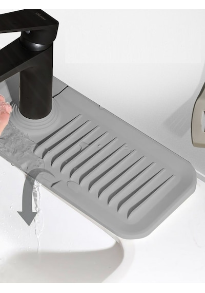 Elastik Mutfak Banyo Musluk Matı Düzenleyici Kaydırmaz Taban Organizer Lavabo Kenar Matı Gri