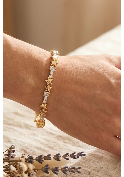 Gold Premimum Zirkon Taşlı Yıldızlı Çelik Bileklik 17cm + 3 Cm Uzatma