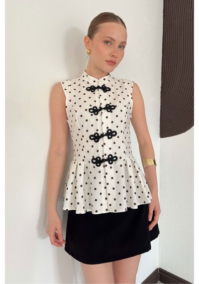 Verymoda Çin Düğmeli Puantiyeli Bluz D3074 Krem