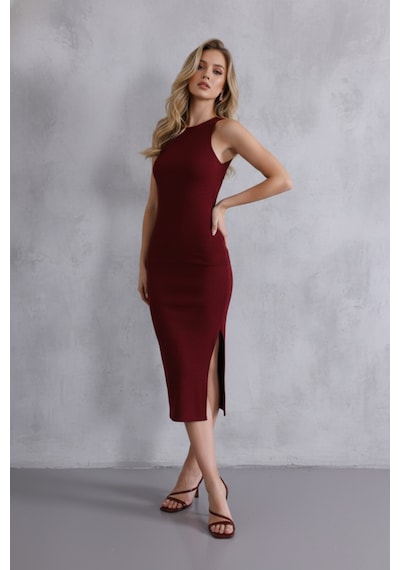 Defymoda Kadın Bordo Halter Yaka Yırtmaçlı Pamuklu Fitilli Likralı Kaşkorse Slim Fit Midi Elbise Bordo