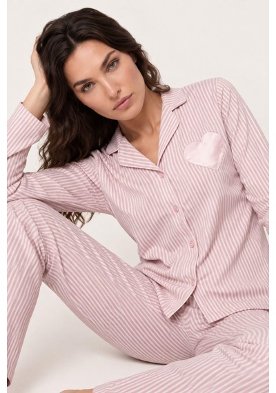 Gd Goldoremi Kadın Premium Gömlek Yaka Önden Düğmeli Regular Fit Çizgili Uzun Kollu Pijama Takım PEMBE Gd Goldoremi Kadın Premium Gömlek Yaka Önden Düğmeli Regular Fit Çizgili Uzun Kollu Pijama Takım PEMBE