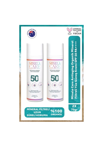 Minelacare Antiaging 100% Organik Mineral Filtreli Yüksek Korumalı Yüz Güneş Kremi Spf50 2x70gr