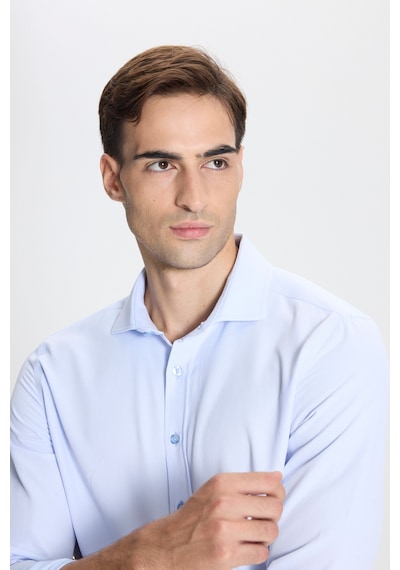 George Henry Pamuklu Oxford Slim Fit Dar Kesim İtalyan Yaka Armürlü Gömlek Mavi