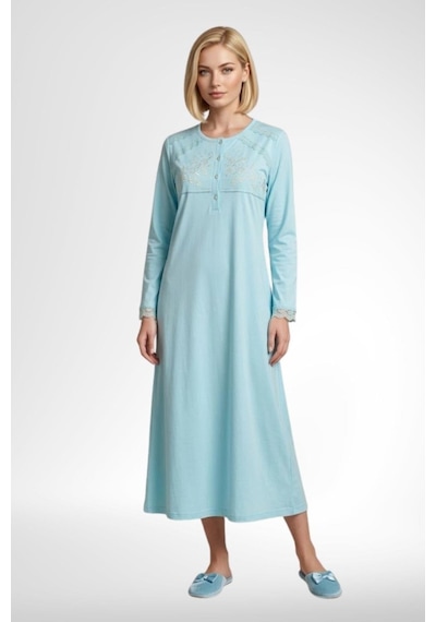Mecit Pijama Mecit 6373 Turkuaz Kadın %100 Pamuk Uzun Kollu Gecelik