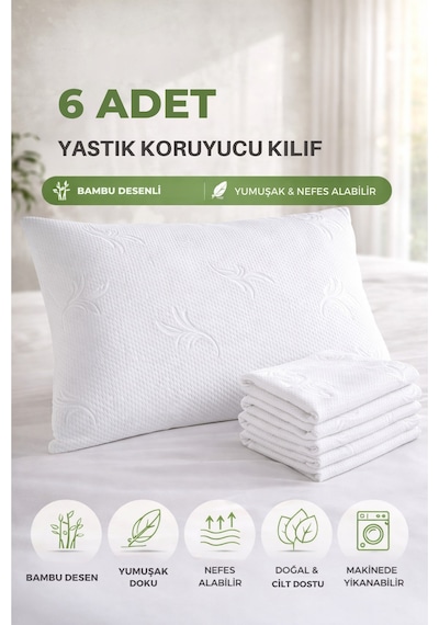 Formeya Fermuarlı 6 Adet Beyaz Yastık Koruyucu Çiçek Desen