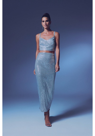 Sateen Fermuarlı Karolin Midi Etek - Gümüş-135352 Gümüş