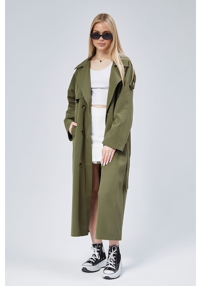 Kadın Oversize Astarlı Uzun Trençkot Haki