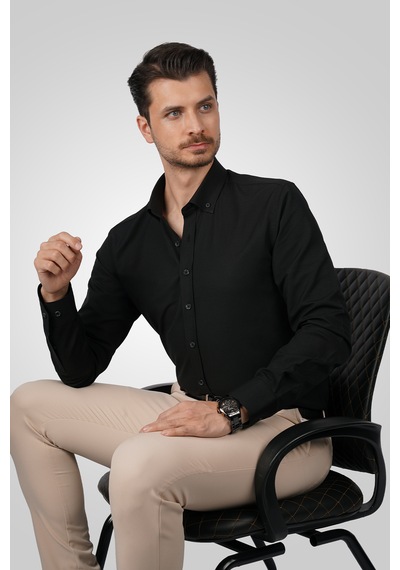 Siyah Yaka Düğmeli Premium Şamre Slimfit Erkek Gömlek Siyah Siyah Yaka Düğmeli Premium Şamre Slimfit Erkek Gömlek Siyah