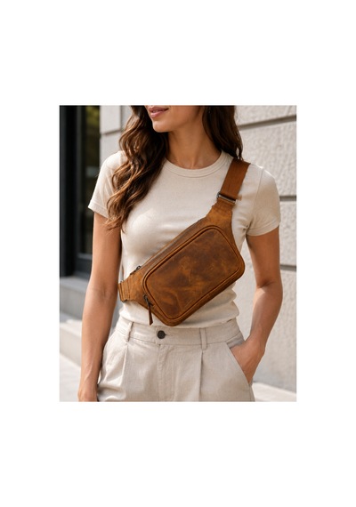 Alphaclub Bag Unisex Taba Hakiki Deri Çapraz Askılı Çok Bölmeli Postacı Omuz Ve Bel Çantası