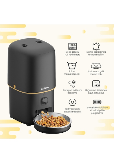 Haustier Pf05 Siyah Kameralı 1080p Fhd Gece Görüş Akıllı Otomatik Kedi Mama Kabı, Tuya App-wifi Uzaktan Kontrol, Sesle Çağırma, 2.4ghz-5ghz, 4lt Hazne, Metal Kase