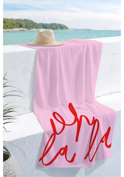 Pembe Yazı Detaylı Plaj Havlusu - Minimalist Pastel Kırmızı Oh La La Hızlı Kuruyan Mikrofiber Havlu Sedef Bahçe