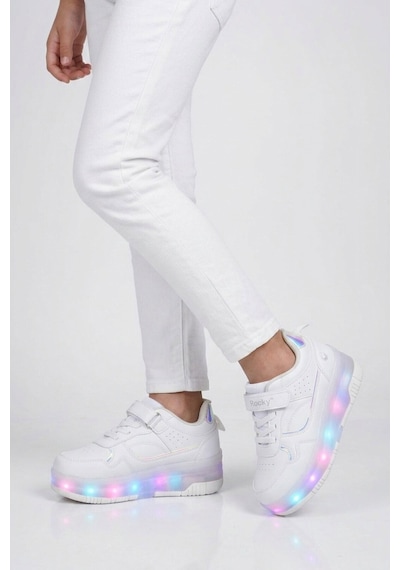 Beyaz Cırtlı Ortopedik Işıklı Unisex Çocuk Patenli Spor Ayakkabı Glow F