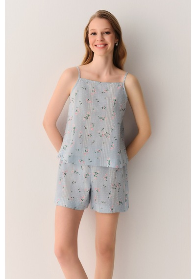 Suwen Pretty Pamuklu Atlet Şort Pijama Takımı Sh26536667956 Mavi