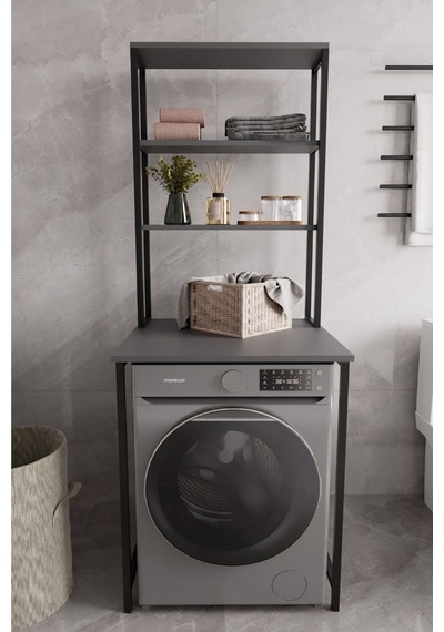 Çamaşır Makinası Dolabı Çamaşır Makinası Üstü 3 Raflı Düzenleyici Metal Banyo Dolabı Antrasit Antrasit