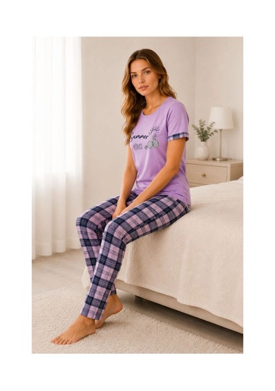Kadın Pamuklu Penye Summer Baskılı Kısa Kollu Pijama Takımı Bisiklet Yaka Ekose Desenli - Lila Kadın Pamuklu Penye Summer Baskılı Kısa Kollu Pijama Takımı Bisiklet Yaka Ekose Desenli - Lila