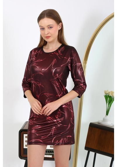 Modi Moda Çizgi Kadın Micro Kumaş Mini Parlak Elbise 7420 Bordo