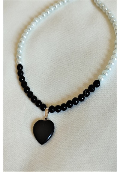 Bade Accessories 6 M Oniks Cam İnci Doğaltaş Kalp Choker Kolye Gümüş