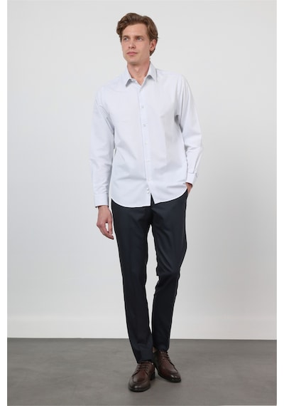 İmza Beyaz - Mavi Sert Yaka Uzun Kol Cepsiz Slim Fit Pamuklu Gömlek 1004260210