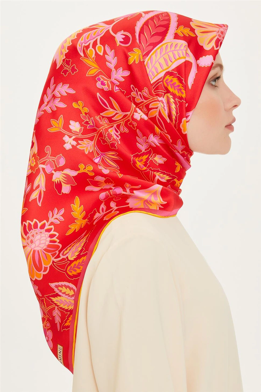 Armine Çiçek Desenli Twill Saf İpek Eşarp 9227d 09 KAhverengi