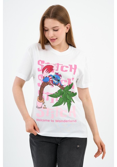 Bisiklet Yaka Baskılı Pamuklu T-shirt B23-ts Beyaz