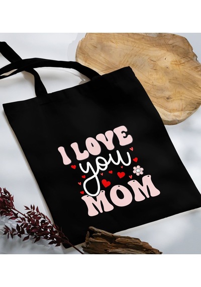 Bk Gift Anneler Günü Tasarımlı Siyah Kumaş Bez Çanta, Baskılı Omuz Çantası, Alışveriş Çantası, Anneler Günü Hediyesi, Anneye Hediye-2 Siyah