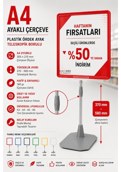 A4 Ayaklı Fiyat Etiketlik Teleskopik Borulu Çerçeve Etiketlik Yönlendirme Levhası Menü Panosu Kırmızı