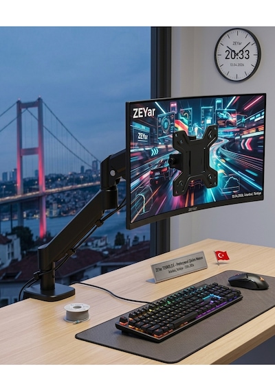 13"-32" Uyumlu Hareketli Tekli Monitör Standı Gazlı Tam Hareketli Yükseklik Ayarlı Masa Askı Aparatı