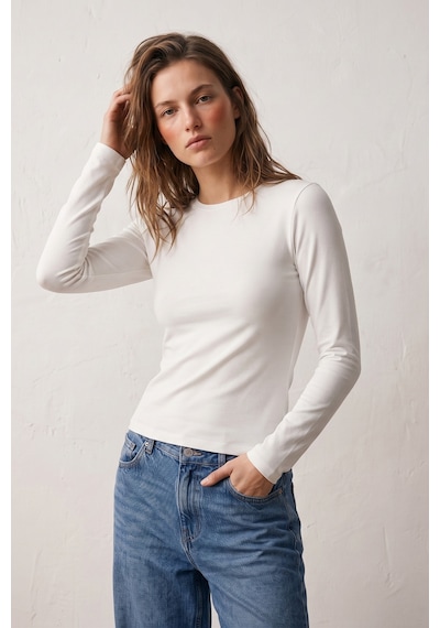 Elemge %95pamuk %5likra Vücuda Oturan Magic Fit Beyaz Kadın Stretch Uzun Kollu T-shirt Compact Penye Esnek Basic Tişört Elastan Bluz