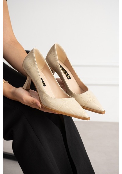 Dabab Shoes Nılay Kadın Bej Kroko Rugan Sivri Burun 7 Cm İnce Topuklu Stiletto Ayakkabı