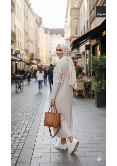 Sonbaharmoda Kadın Uzun Triko Elbise %100 Akrilik Bisiklet Yaka Rahat Ve Şık Kışlık Model Bej