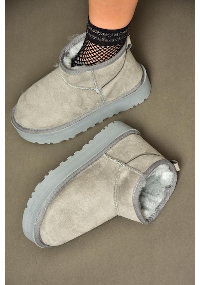 Fox Shoes R612033402 Süet İçi Tüylü Kalın Tabanlı Yarım Kadın Bot Gri